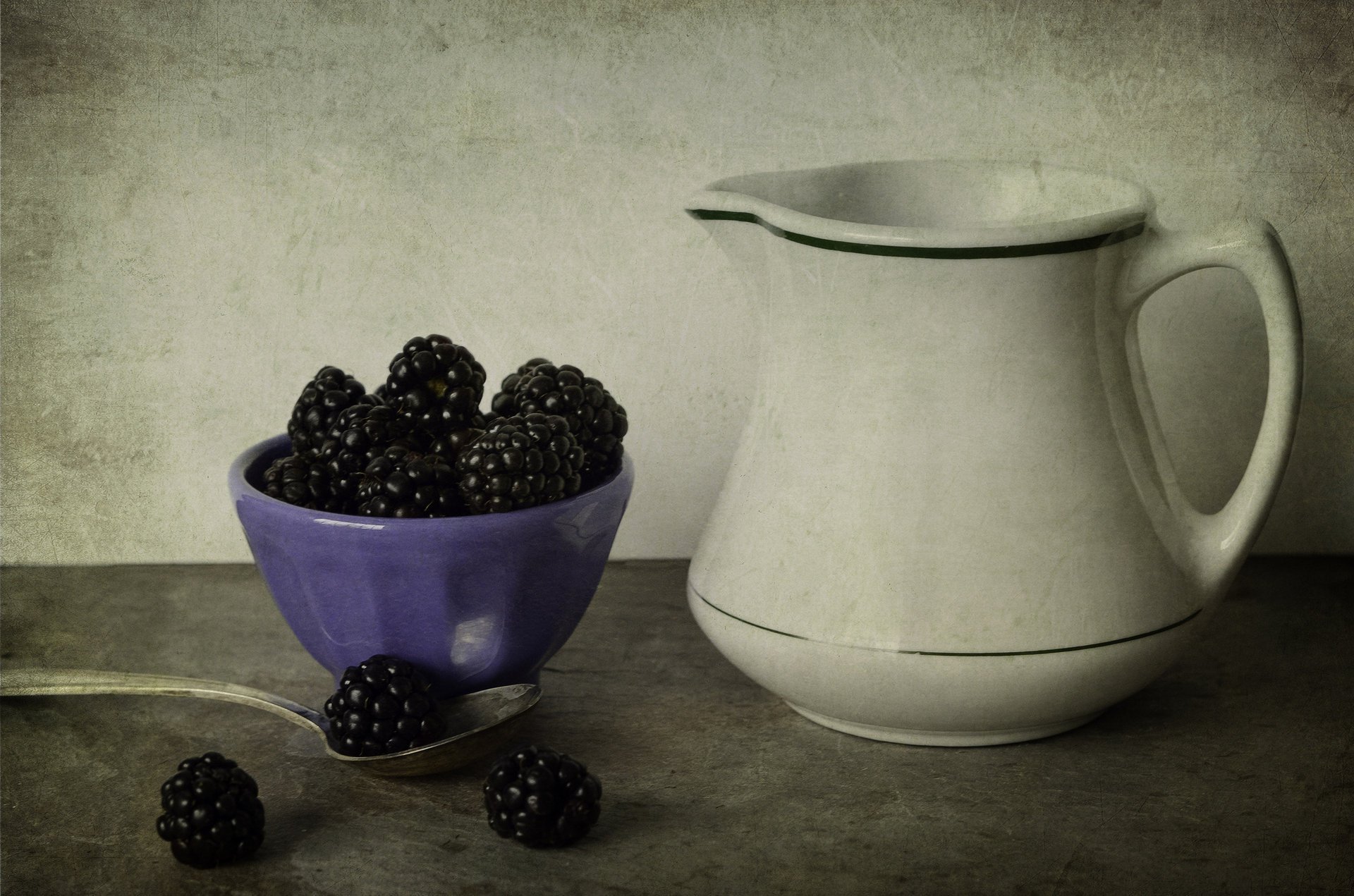 blackberry lilac bowl berries pitcher white