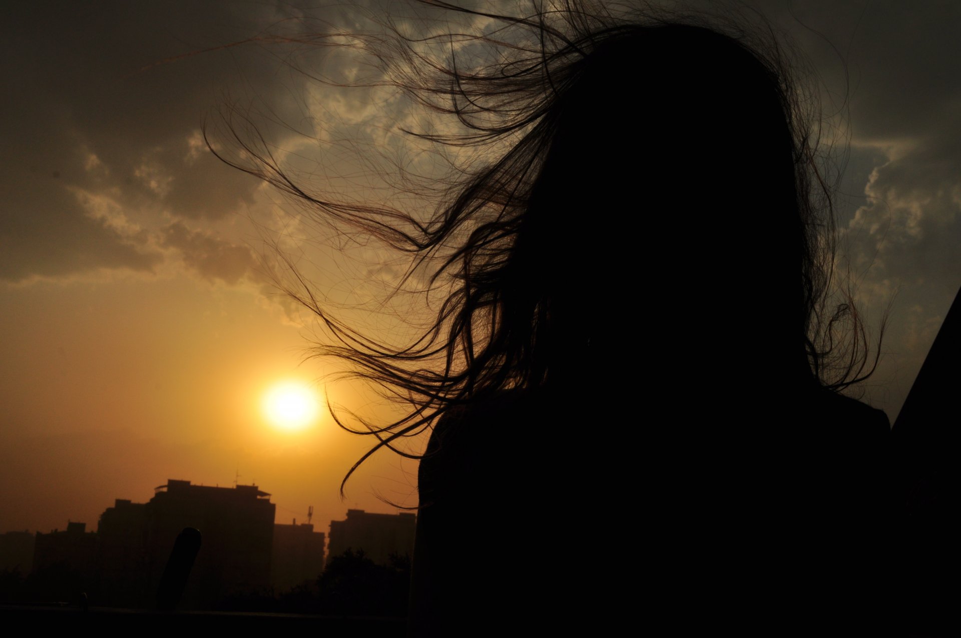 girl hair wind landscape sky sunset