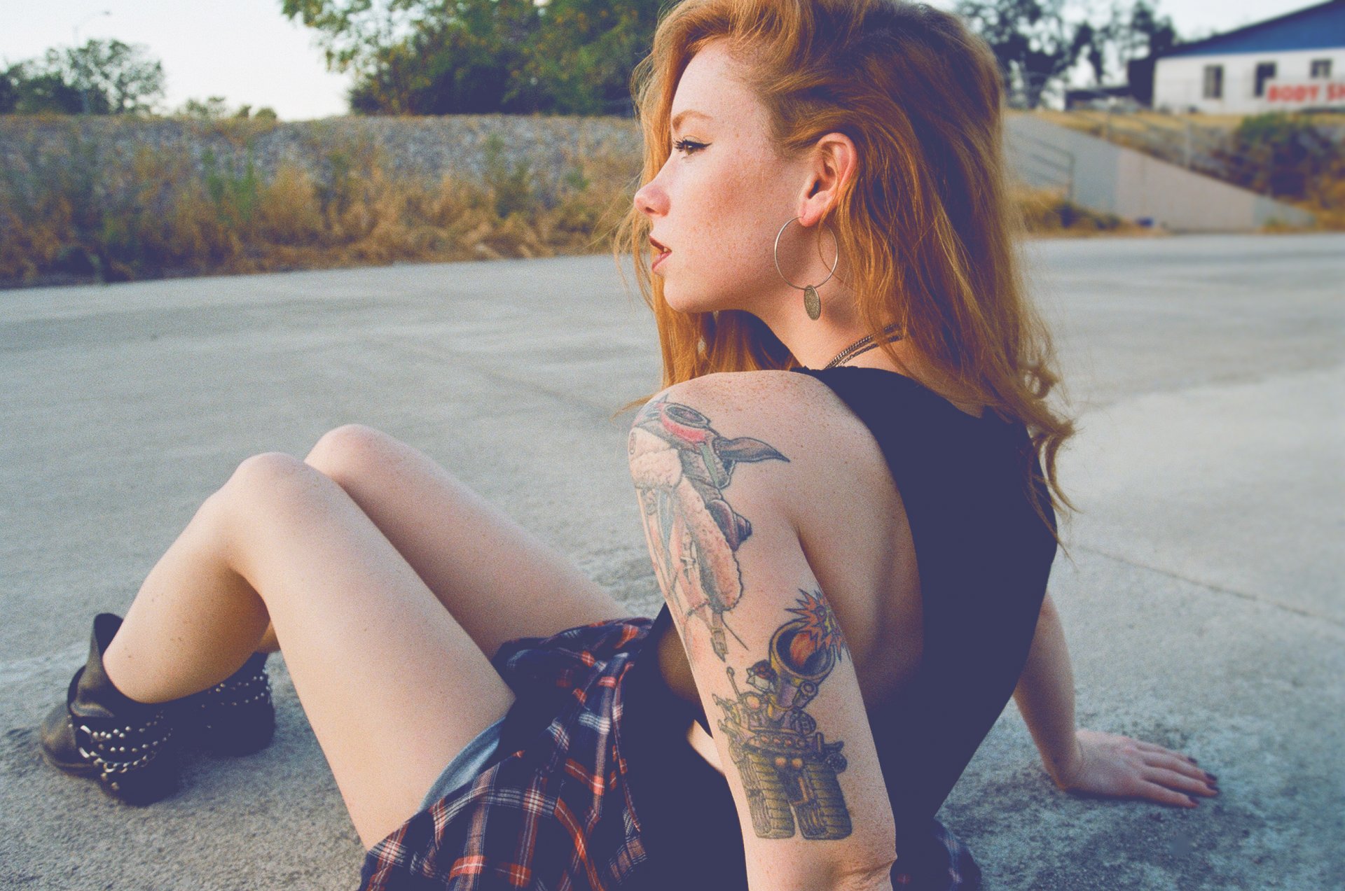 hattie watson model girl woman habitat tattoos tattoo redhead earrings sitting