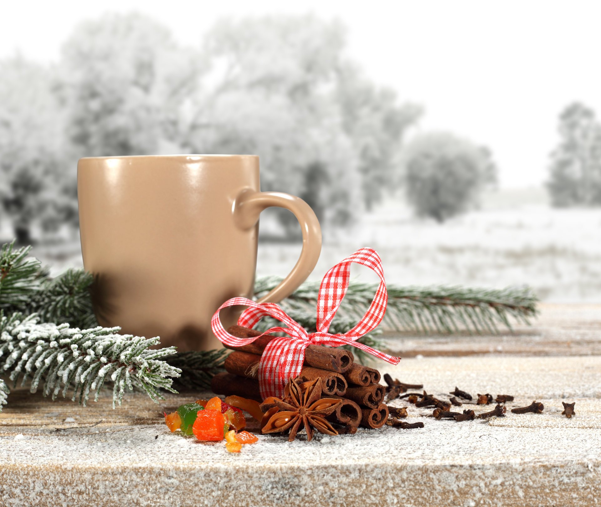 cup cinnamon holidays pine tape snow sprig tea