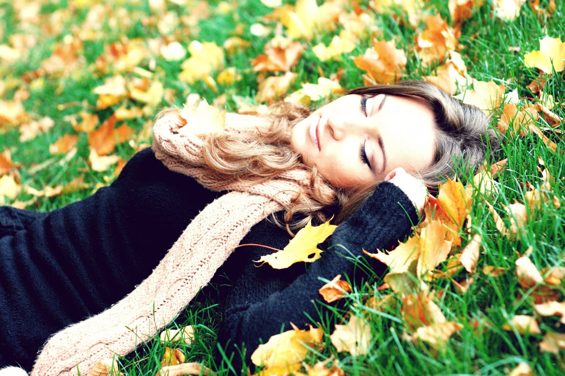 background grass leaves brown hair face jacket scarf foliage autumn