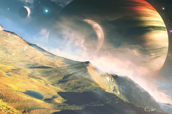 Paysage de montagne sur fond de planètes
