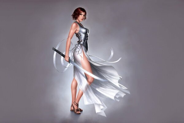 A girl in armor with a ribbon and a blade