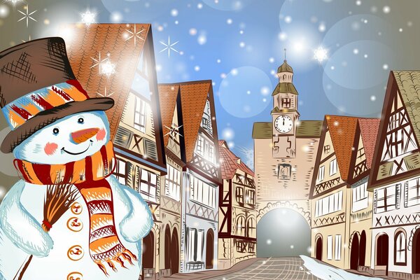 Улыбающийся снеговик на фоне городка