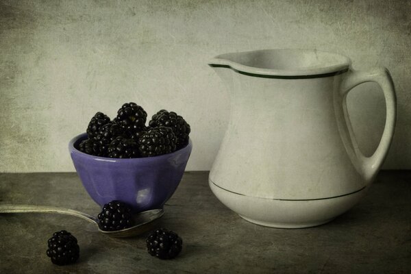 Jug and bowl with blackberries