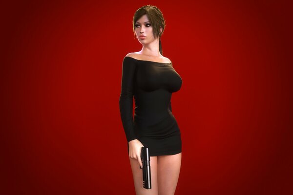 A girl with big breasts with a gun in her hand