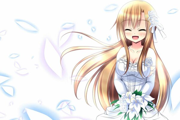 Anime bride laughs with happiness under the flower petals