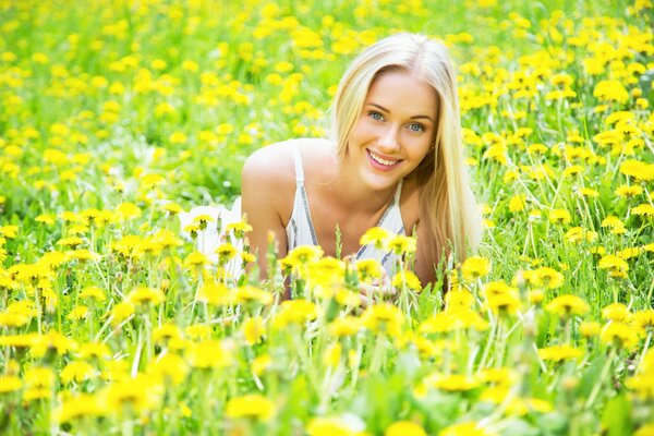 The blonde is lying in dandelions