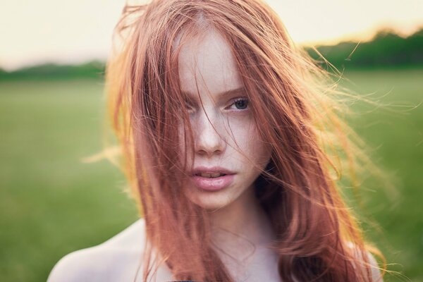 Bella ragazza rossa sul campo, ragazza rossa con le lentiggini