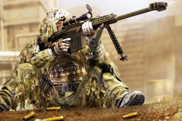 A sniper with an optical rifle shoots at the target