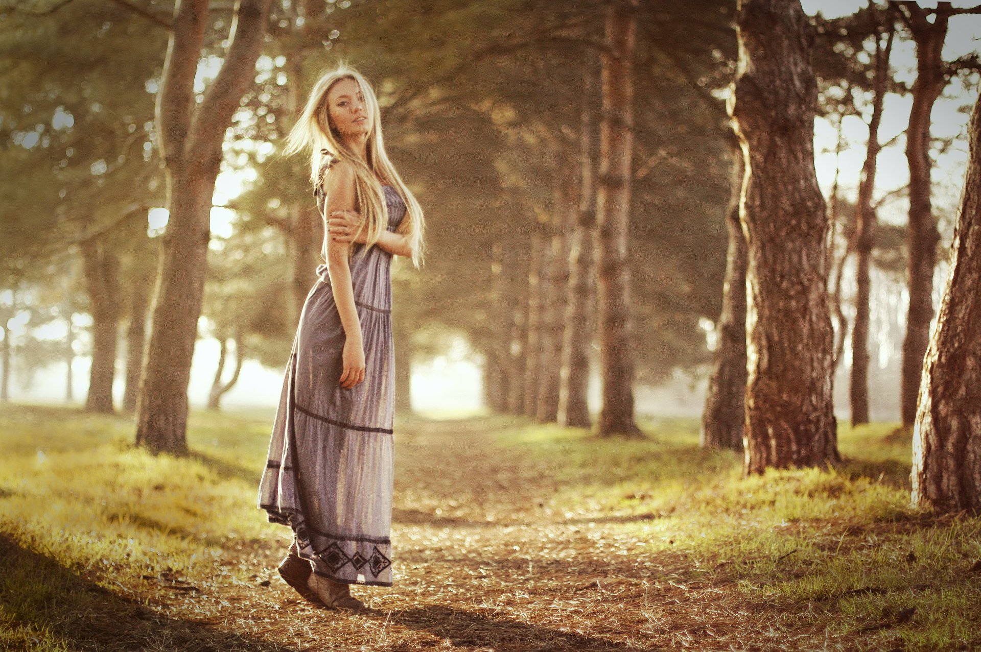 ragazza vista sentiero alberi