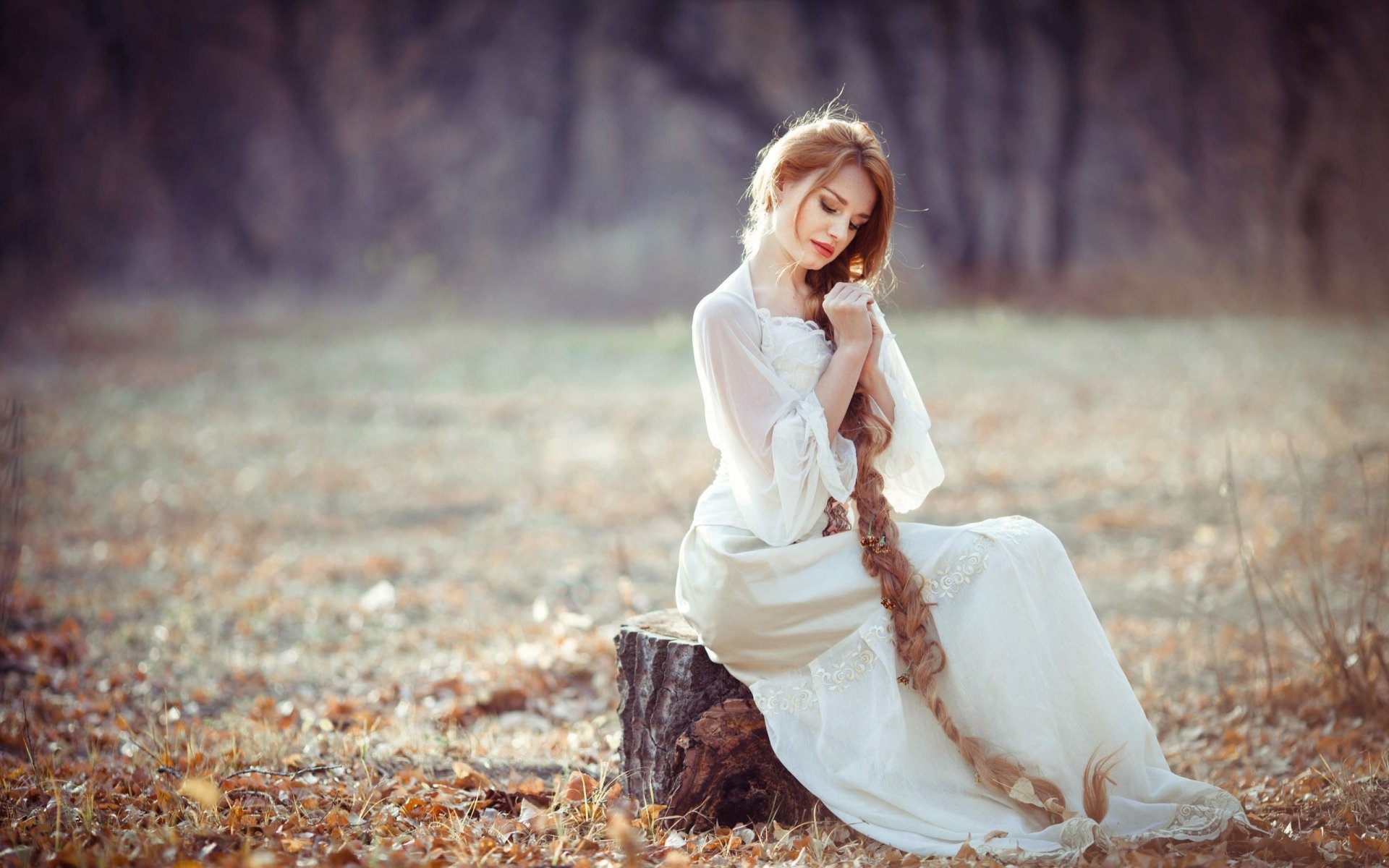 fille blonde look mignon canapés modèle blond jambes figure femmes modèles rousses à l extérieur nature cheveux longs robes blanches robes automne forêt herbe tresse souche décolleté arbres feuilles mignon cheveux long