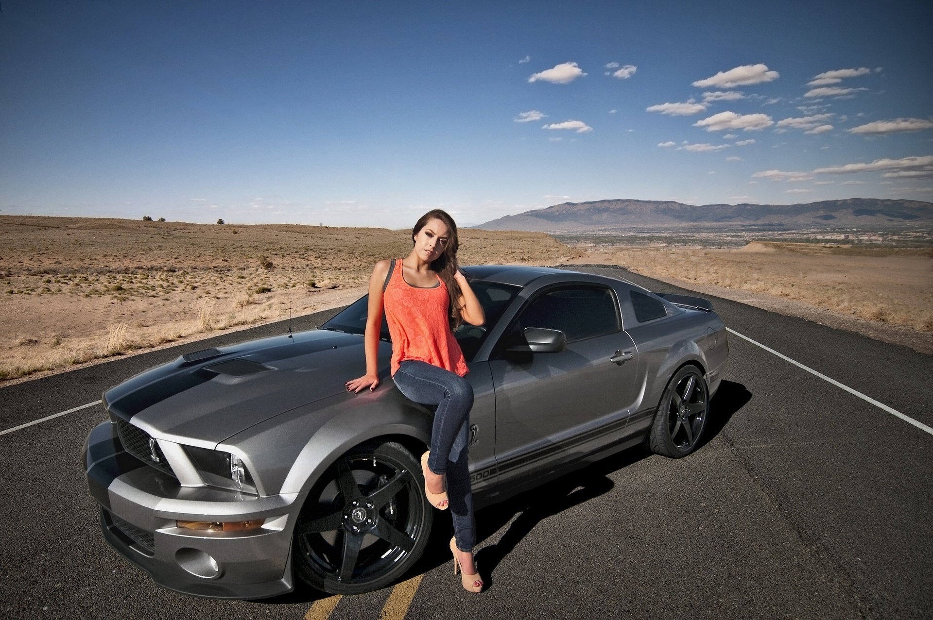 ford mustang gt500 on girl shelby road desert