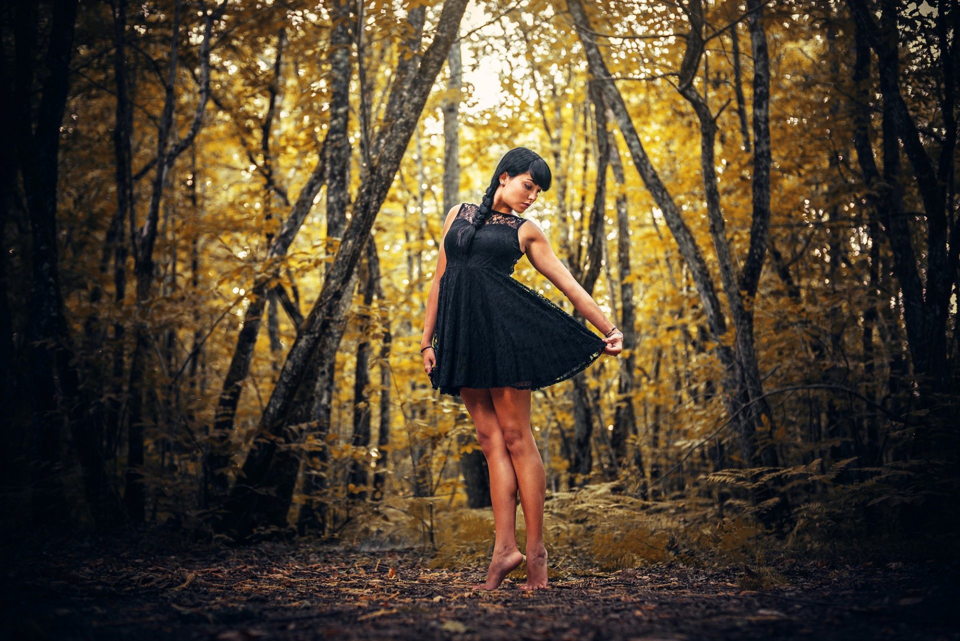 brunette dress sundress forest tree autumn