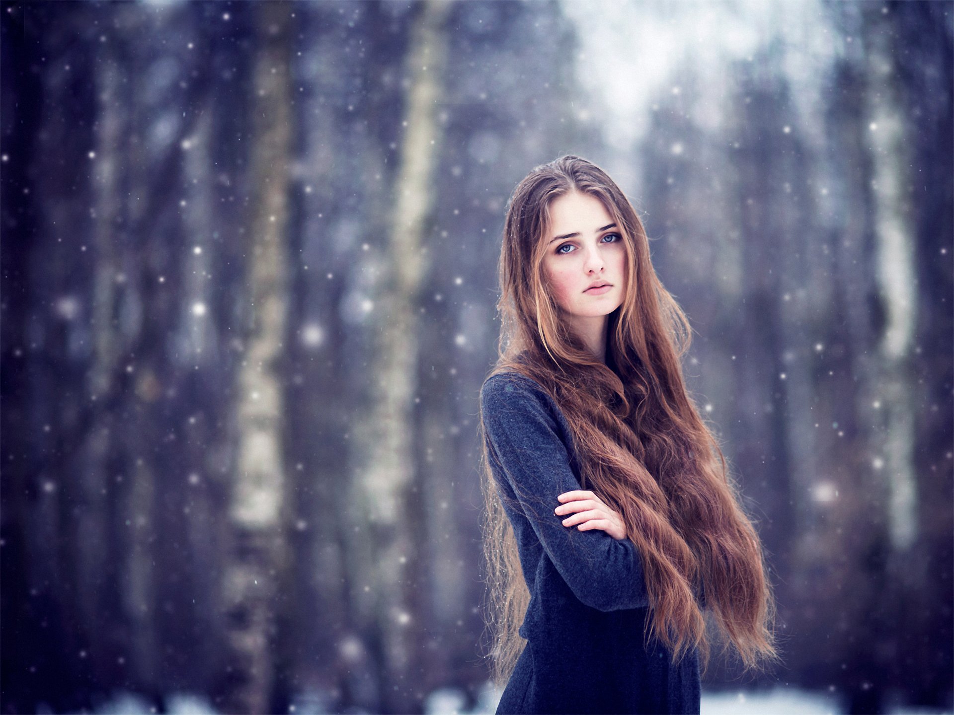 girl long-haired brown hair snow