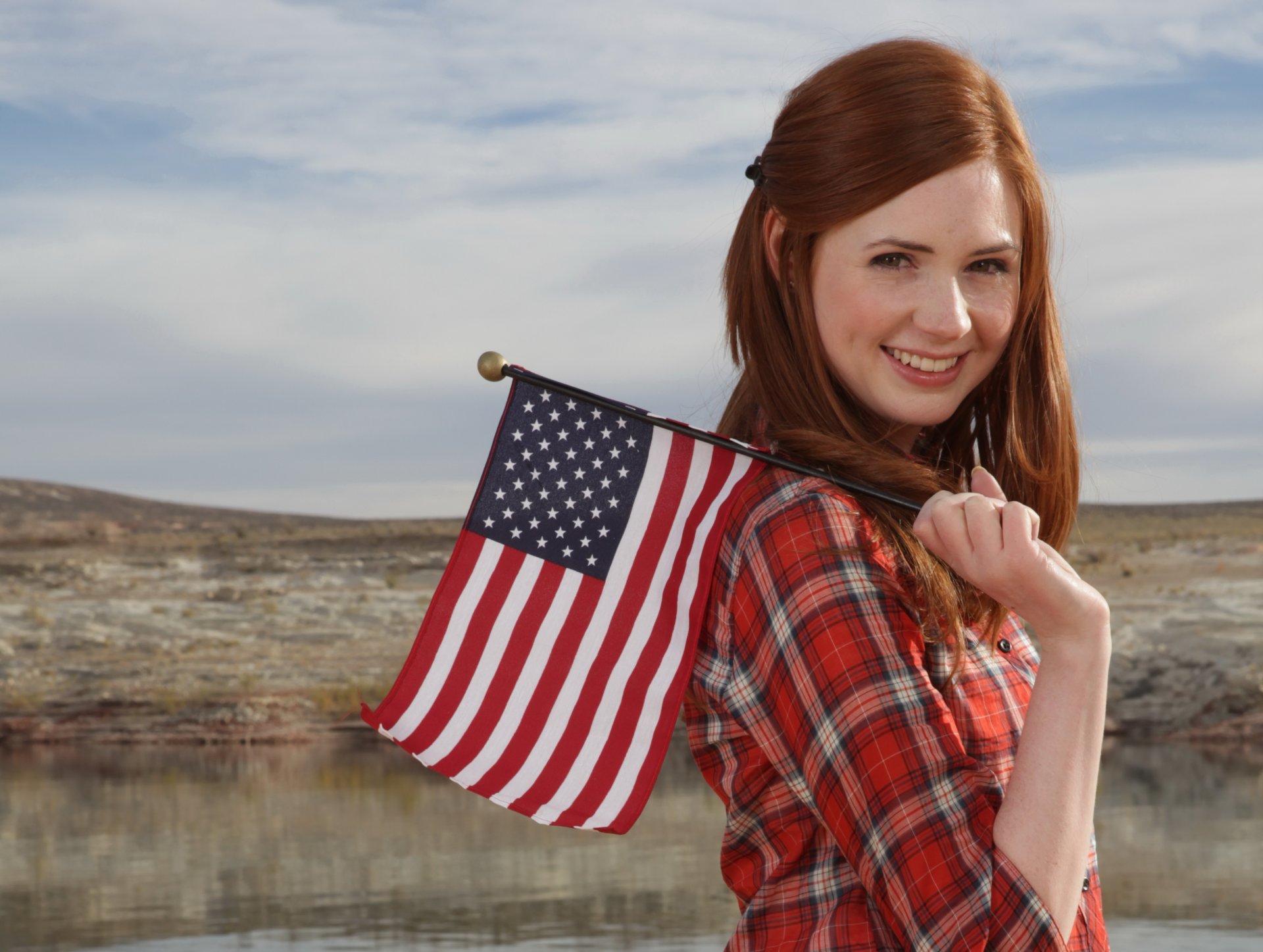 karen gillan check box smile red jacket