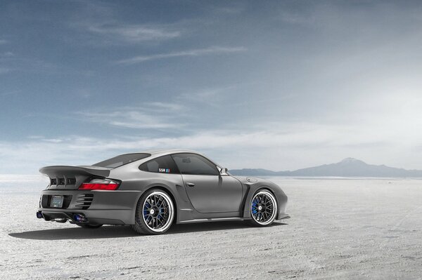 Porsche 991 in silberner Farbe mit schöner Landschaft