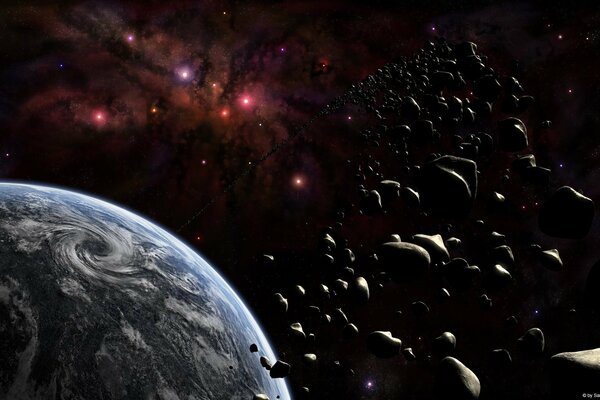 Asteroids against the background of space and planets