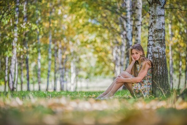 Ragazza in abito seduta vicino ad un albero nella foresta