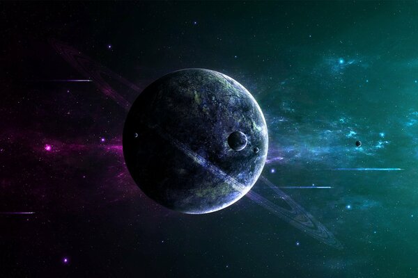Une planète avec un anneau au milieu d un espace sombre et scintillant