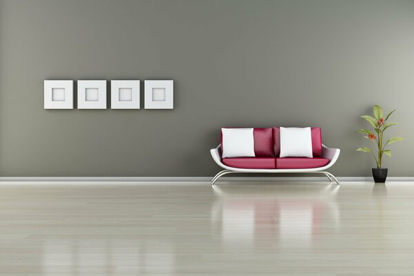 Minimalistyczny design z kolorową sofą
