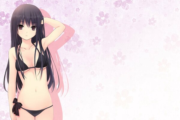 Anime girl se tient dans un pantalon et un soutien-gorge. La main dans les valos. Fond rose avec des fleurs
