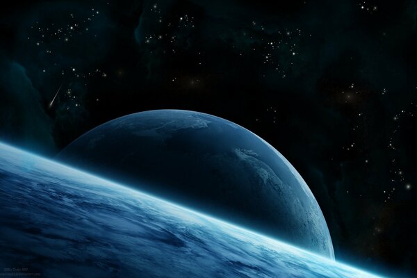 Blue Planets and stars in space