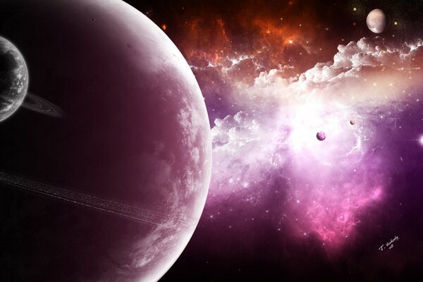 Different planets in space purple shades