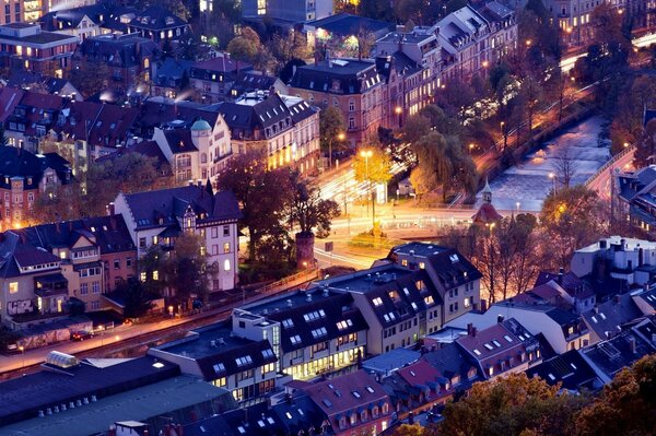 City of Freiburg-in-Breisgau night with lighted houses