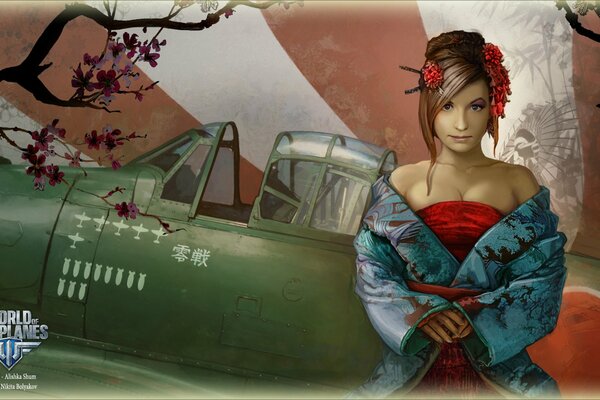 Warplanes chica japonesa en el fondo de un avión