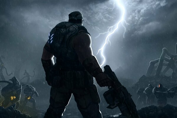 Человек с пушкой в руке среди монстров во время молнии