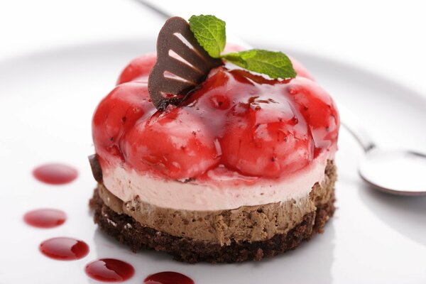 Chocolate dessert with jelly and fresh mint