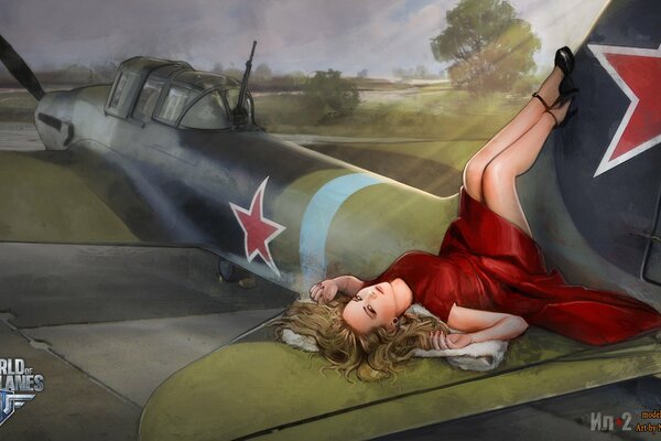 A girl in a red dress lying on a Soviet plane