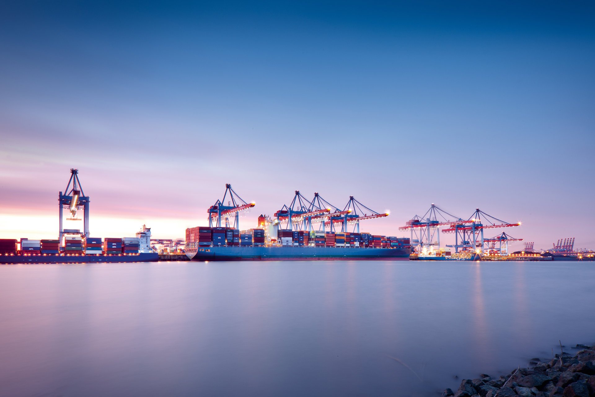 the ship port calm sea cranes terminal the evening