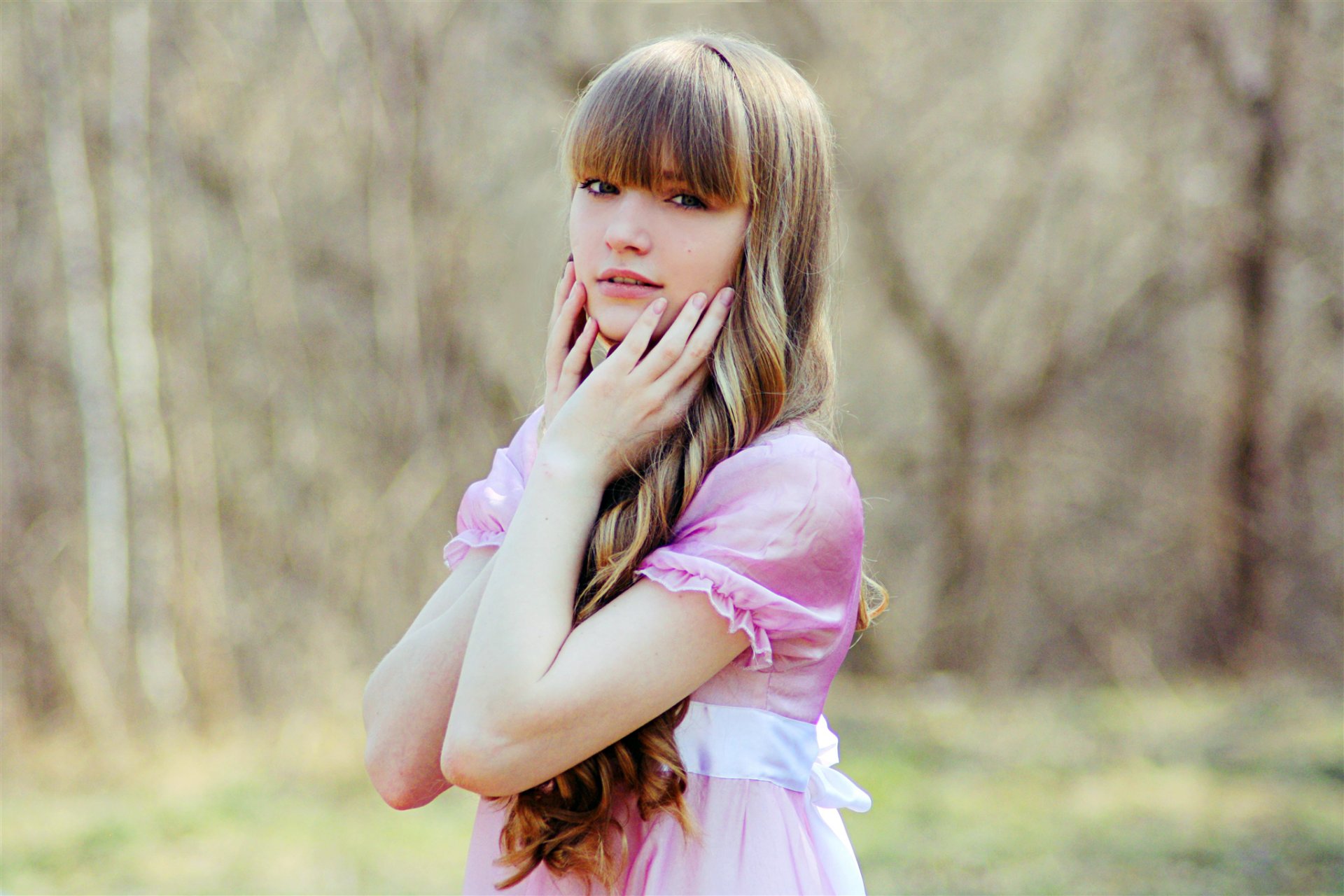 brown hair view nature forest pink sundress hand