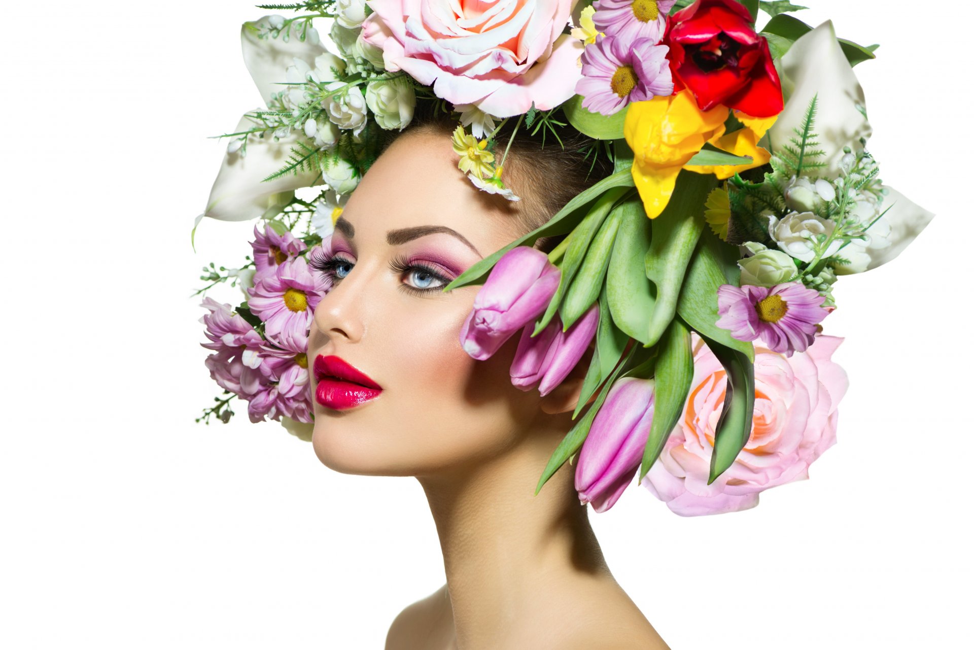 mädchen modell aussehen make-up lippen frühling haare blumen hals weißer hintergrund