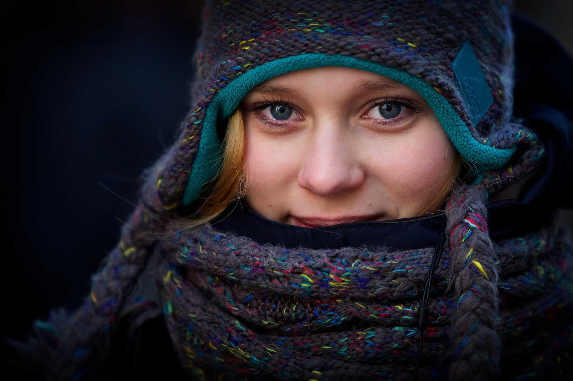 portrait smile hat scarf curl