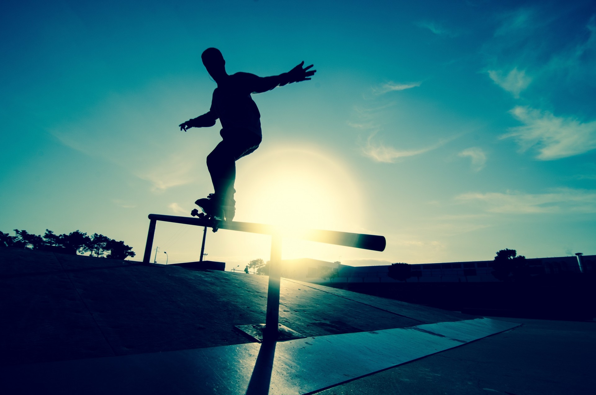 geländer eisbahn brett bewegung athlet silhouette skate