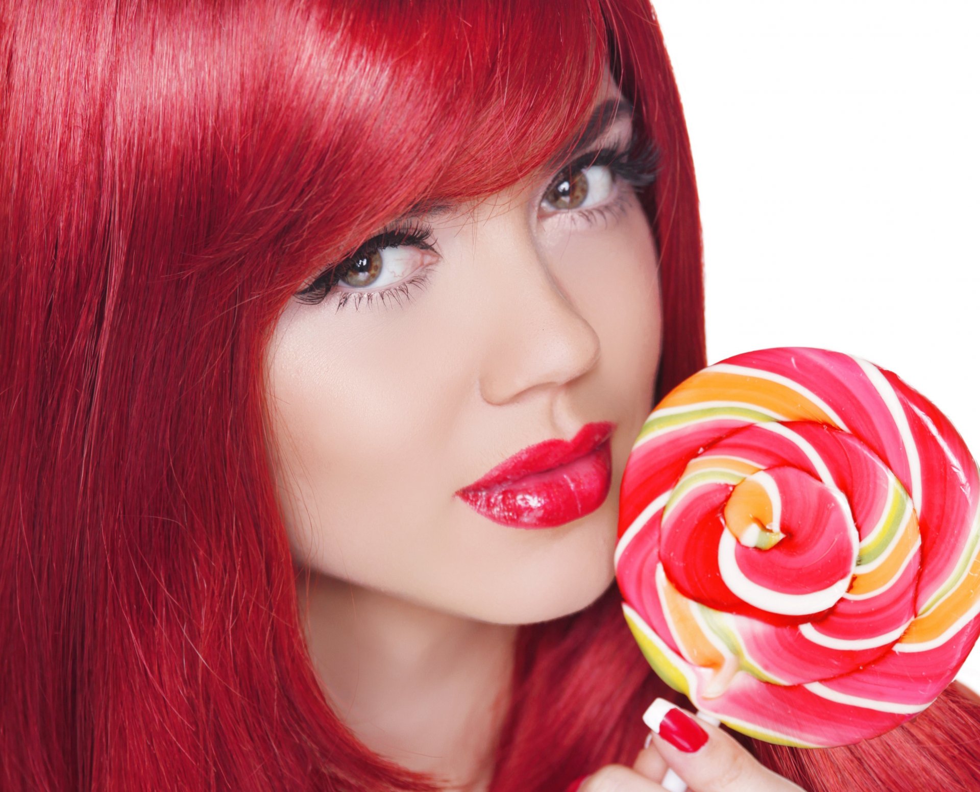 girl model red hair make-up view eyelash lips sweet lollipop