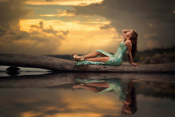 Sirène sur le rivage assis sur une branche
