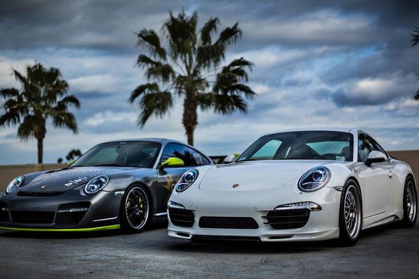Two friends-a white and a black Porsche
