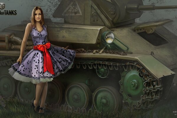 A girl on the background of a formidable tank