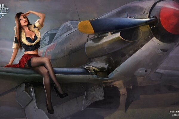 Girl in stockings on the wing of a world warplanes plane