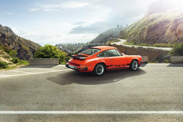 Porsche coupé arancione sullo sfondo della natura
