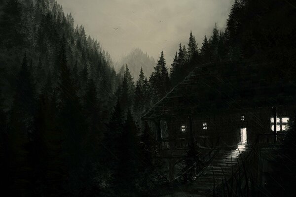 A lonely house in the darkness of the forest