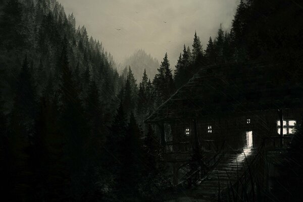 Casa solitaria en la oscuridad del bosque