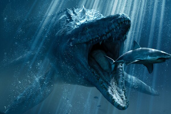 Megalodon poluje na rekina w oceanie na głębokości