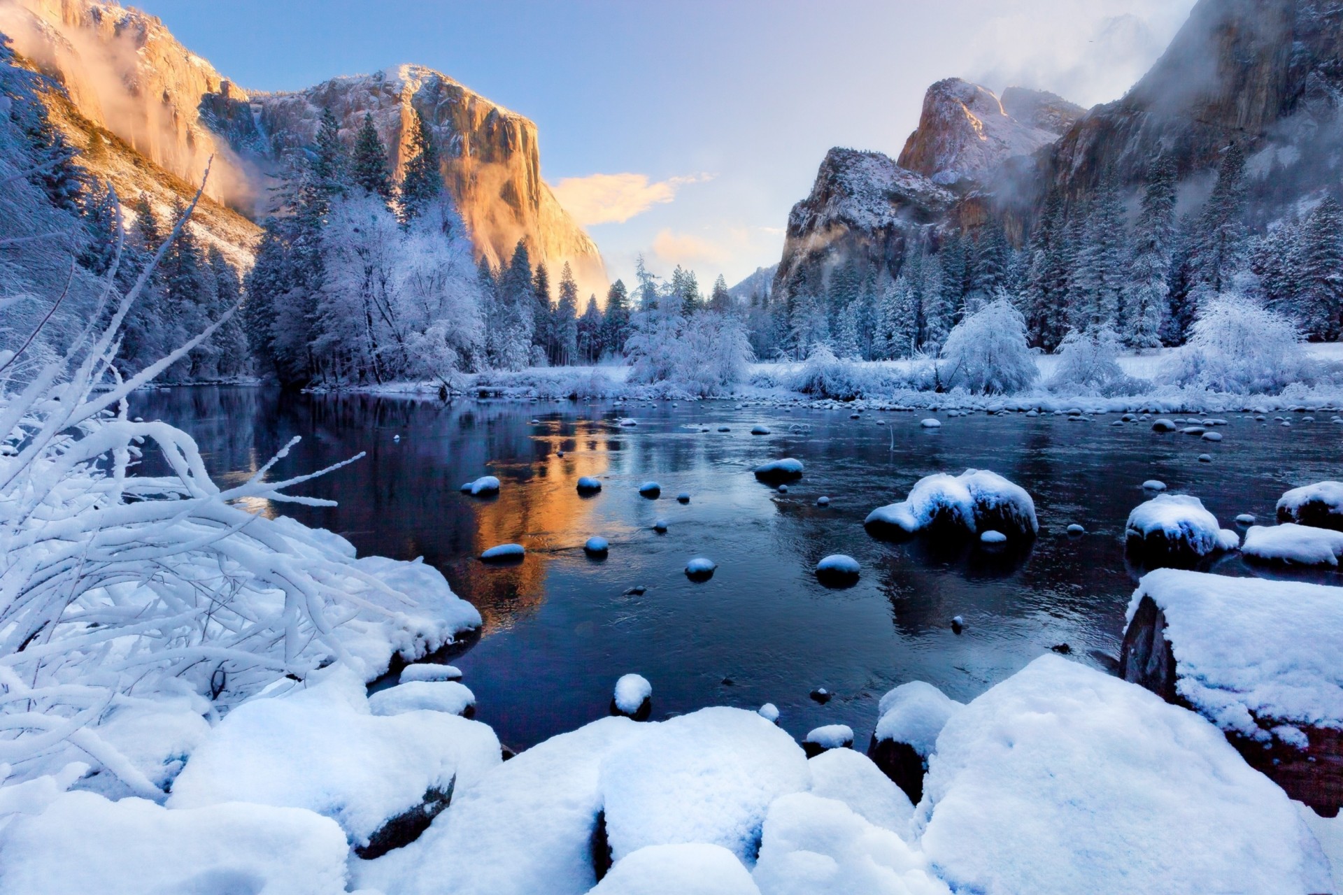 yosemite national park sunset river next fog forest snow mountain winter landscape