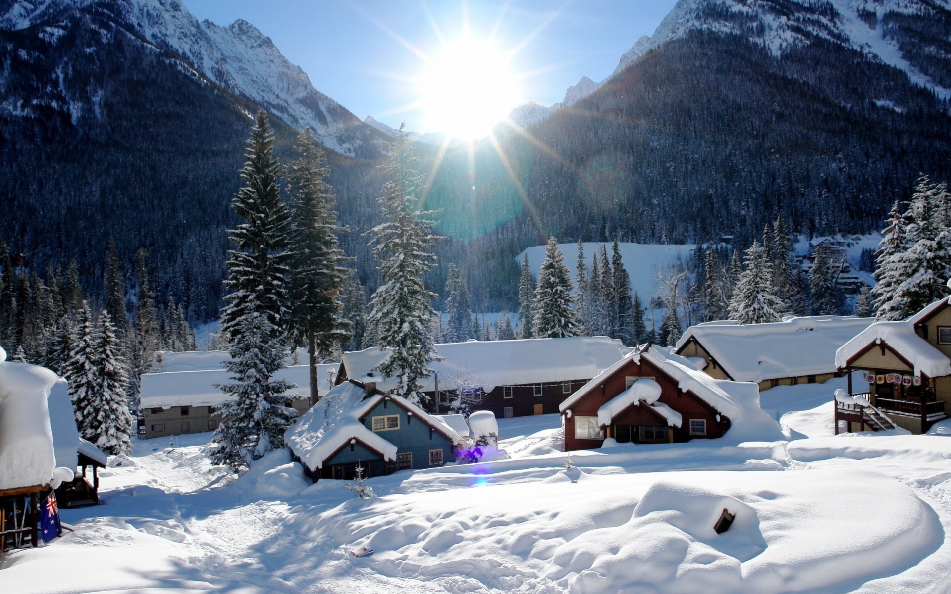 now mountain sunny house panorama winter photo landscape