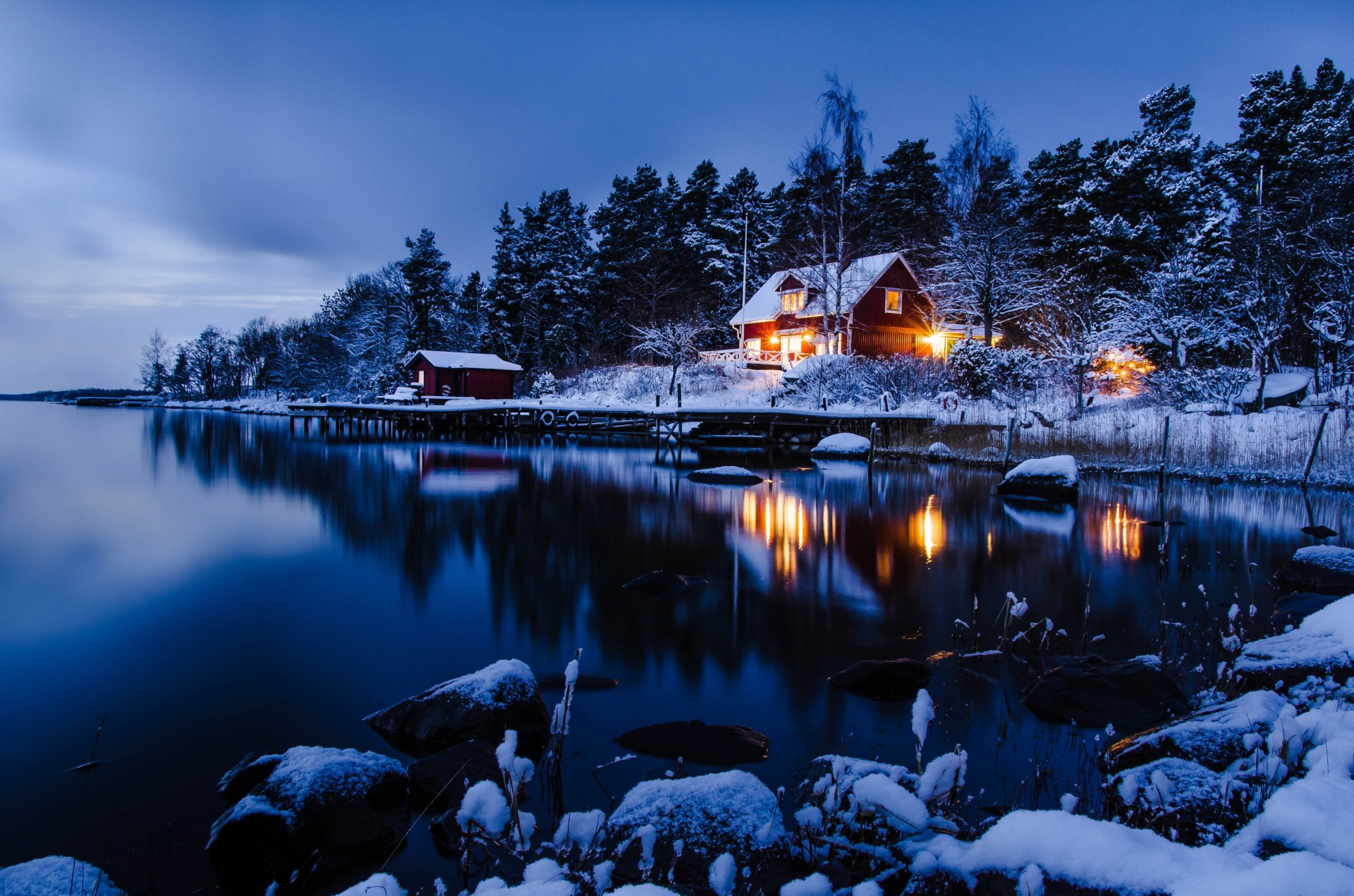 pierres paysage lac suède hiver maisons